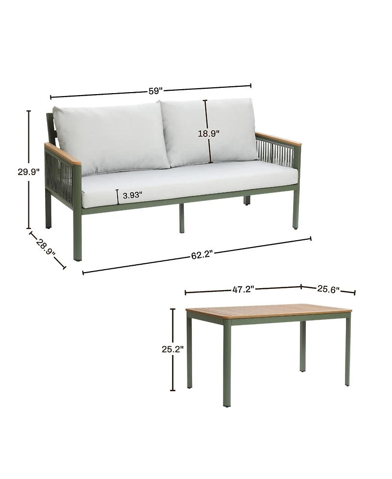 LuxenHome Outdoor Aluminum with Wood-Style Plastic Loveseat Sofa with Cushions and Coffee Table Set