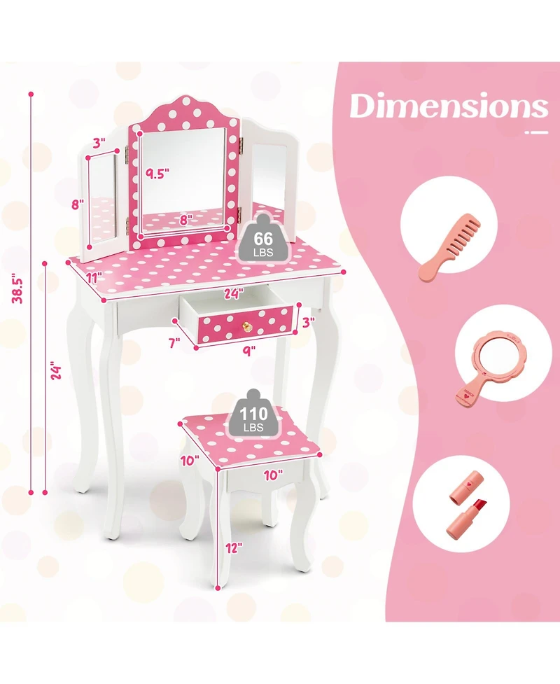 Princess Pretend Play Makeup Dressing Table with Cute Polka Dot Print Fun Vanity Set for Kids