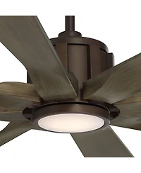 Possini Euro Design 60" Defender Indoor Outdoor Ceiling Fan 8 Blade Led Light Remote Control Oil Rubbed Bronze Finish Oak Finish Blades