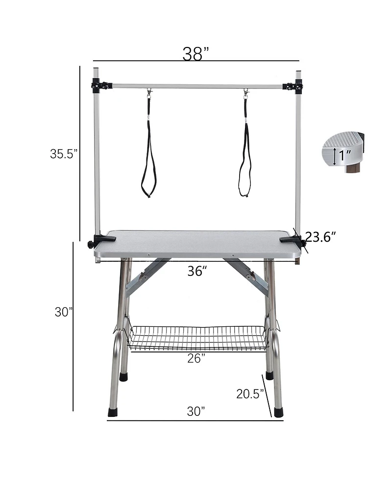 36" Folding dog pet Grooming Table Stainless Steel Frame Rubber Mat on Board with Adjustable Arm and Clamps Cat (Pink Color)