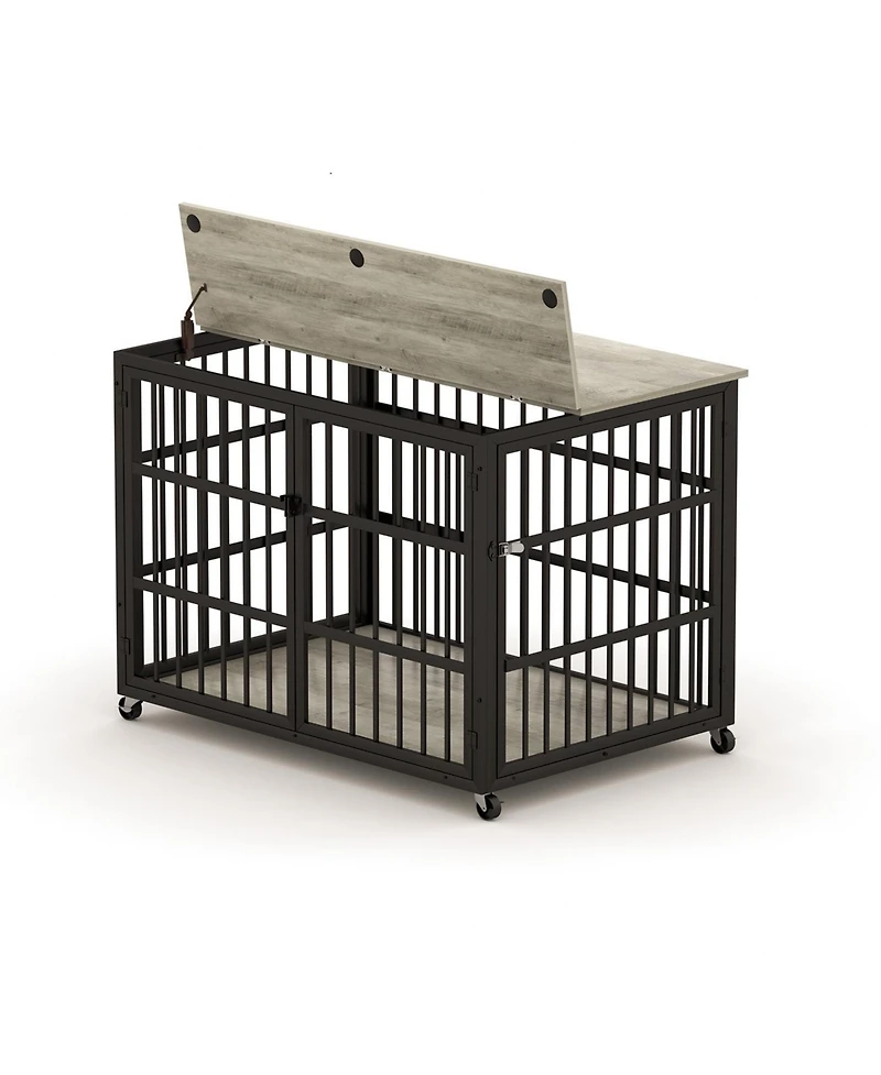 Furniture style dog crate wrought iron frame door with side openings, Rustic Brown