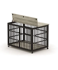 Furniture style dog crate wrought iron frame door with side openings, Rustic Brown
