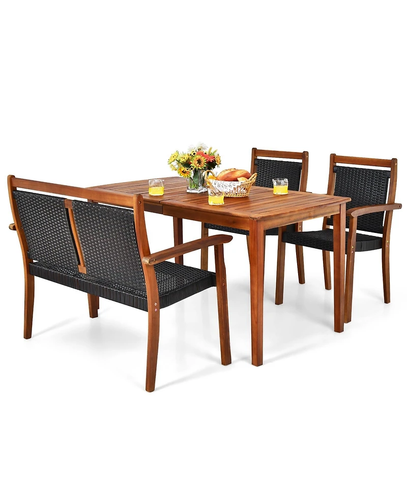 4 Pieces Acacia Wood Patio Rattan Dining Furniture Set