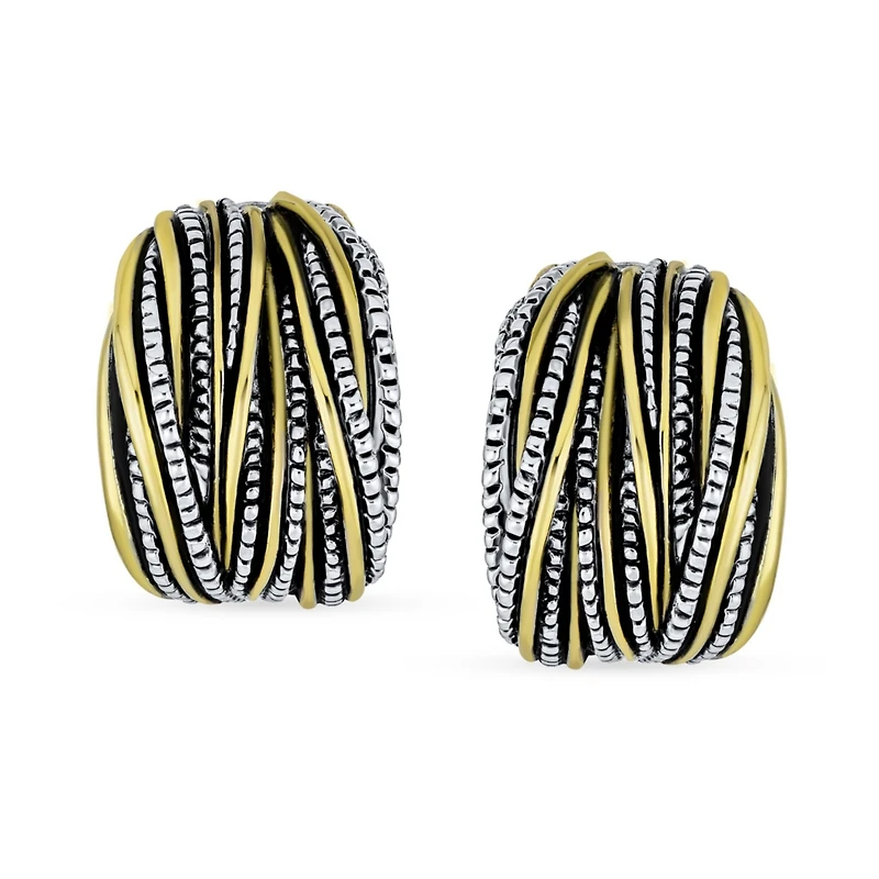 Bling Jewelry Half Hoop Shrimp Style Clip-On Earrings Two Tone Caviar Bead Silver Gold Plated