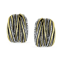 Bling Jewelry Half Hoop Shrimp Style Clip-On Earrings Two Tone Caviar Bead Silver Gold Plated