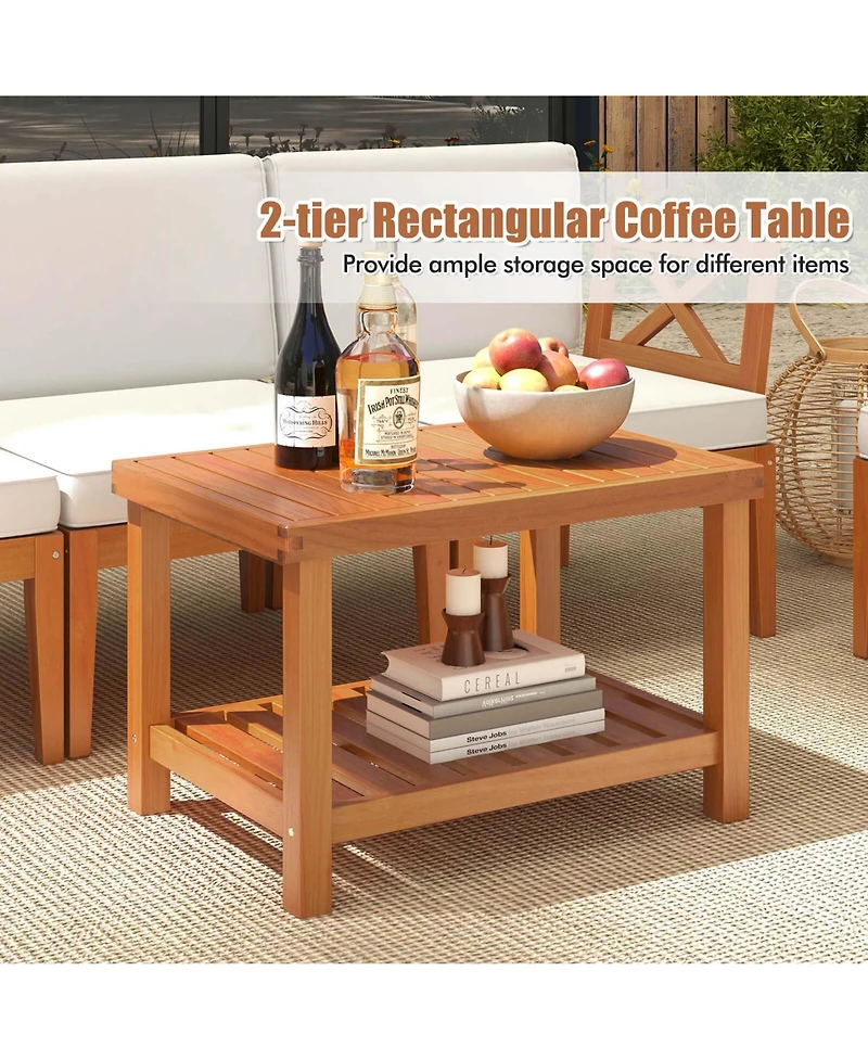 10 Pcs Acacia Wood Patio Furniture Set with Cushions and 2-Tier Coffee Table