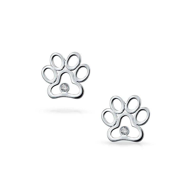 Bling Jewelry Bff Cz Stud Earrings Pet Lovers with Cat Dog Paw Print in Sterling Silver