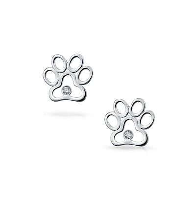 Bling Jewelry Bff Cz Stud Earrings Pet Lovers with Cat Dog Paw Print in Sterling Silver