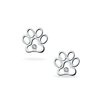 Bling Jewelry Bff Cz Stud Earrings Pet Lovers with Cat Dog Paw Print in Sterling Silver