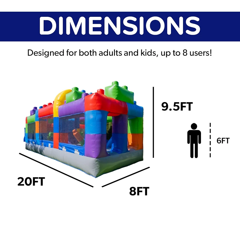 HeroKiddo 20FT Block Party Inflatable Obstacle Course with Air Blower, Commercial Grade 100% Pvc, Outdoor Play, Summer Fun, Kids and Adults