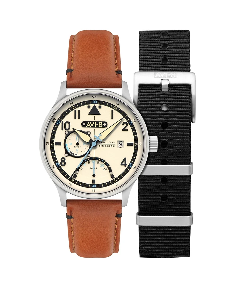 Avi-8 Men's Hawker Hurricane Mckellar Dual-Time Tan Leather Strap Watch, 44mm