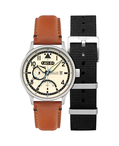 Avi-8 Men's Hawker Hurricane Mckellar Dual-Time Tan Leather Strap Watch, 44mm