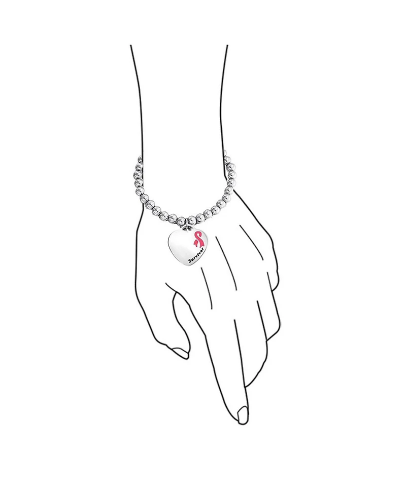 Bling Jewelry Heart Charm Id Bracelet with Pink Ribbon Breast Cancer Survivor Stainless Steel
