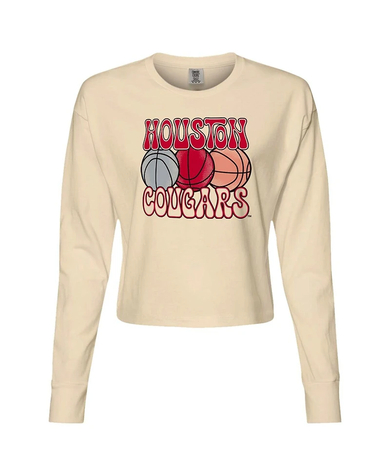 Image One Women's Natural Houston Cougars Comfort Colors Basketball Cropped Long Sleeve T-Shirt