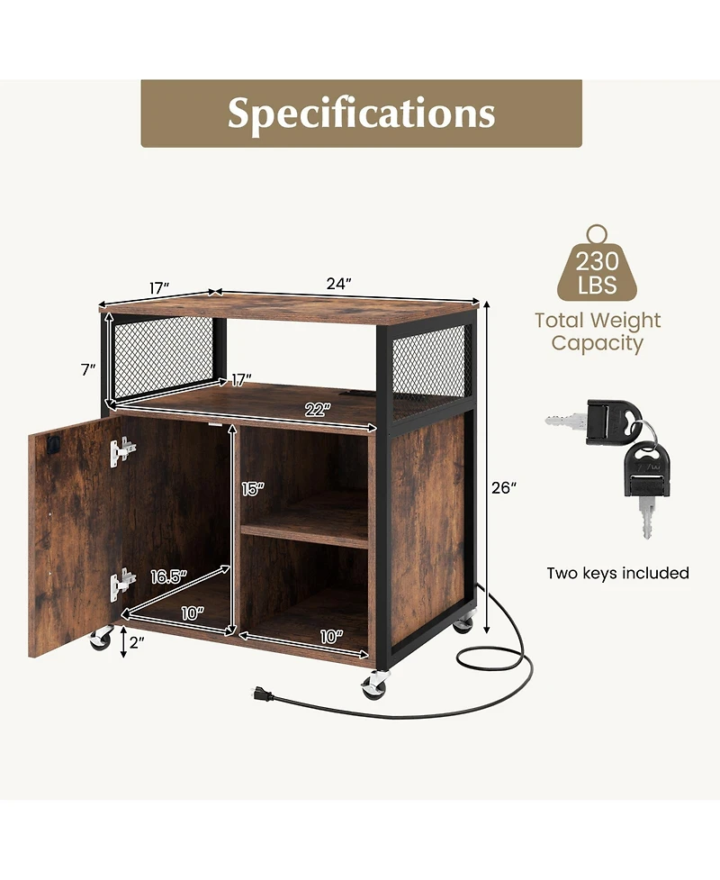 File Cabinet on Wheels with Charging Station and Cable Management Hole for Organized Convenient Office Storage