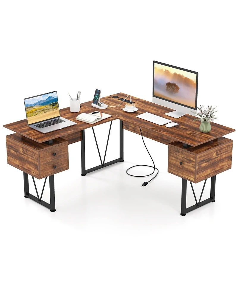 L-Shaped Computer Desk with Power Outlets for Convenient Charging and Efficient Workspace