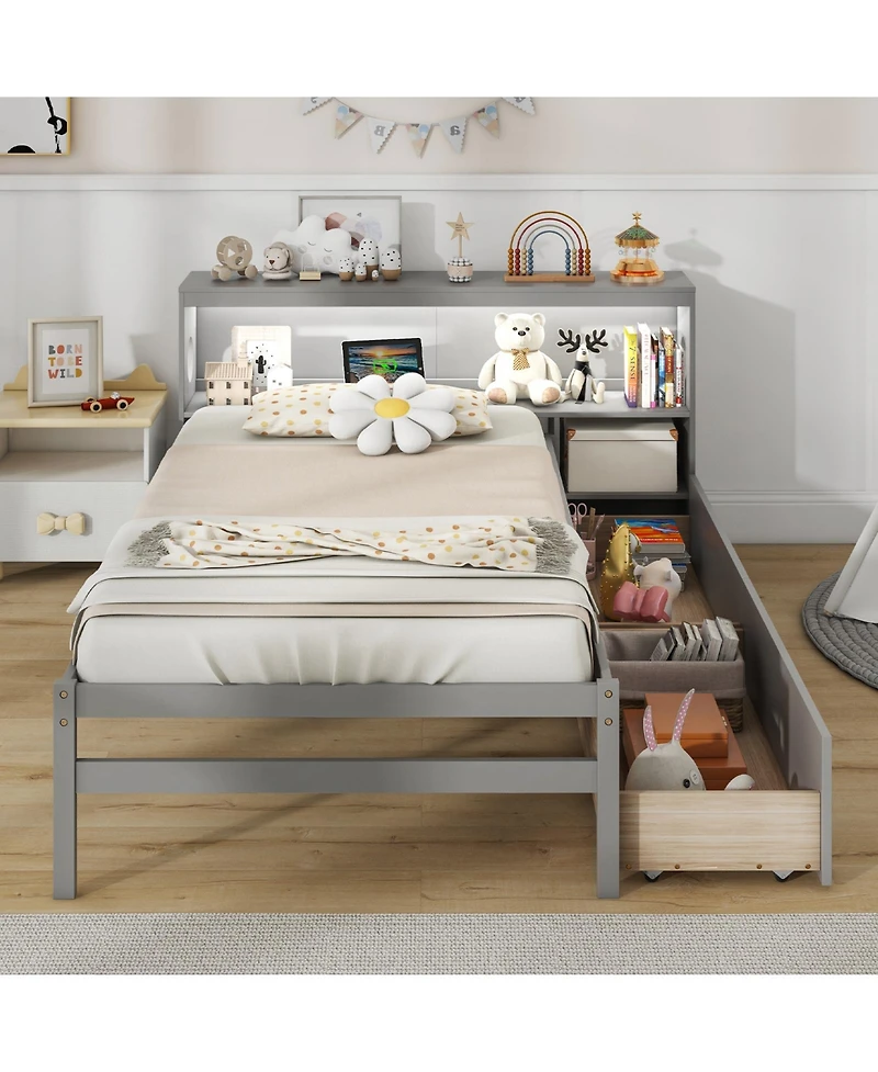 Bed Frame with Led Light and Bookcase Headboard