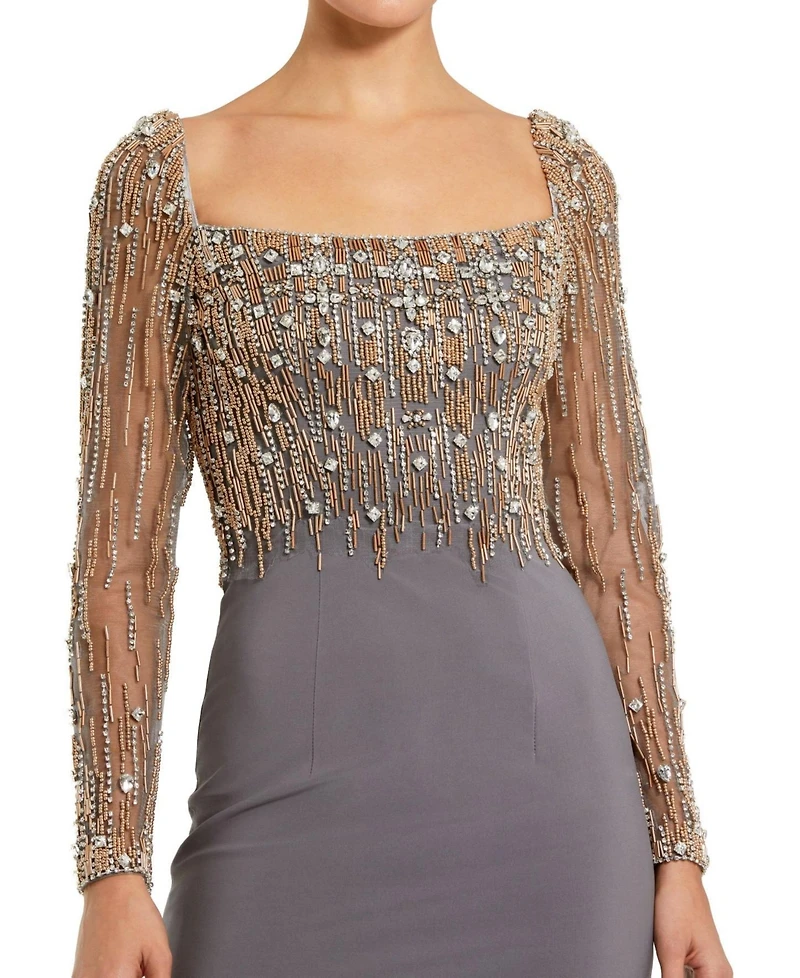 Women's Beaded Square Neck Long Sleeve Jersey Gown
