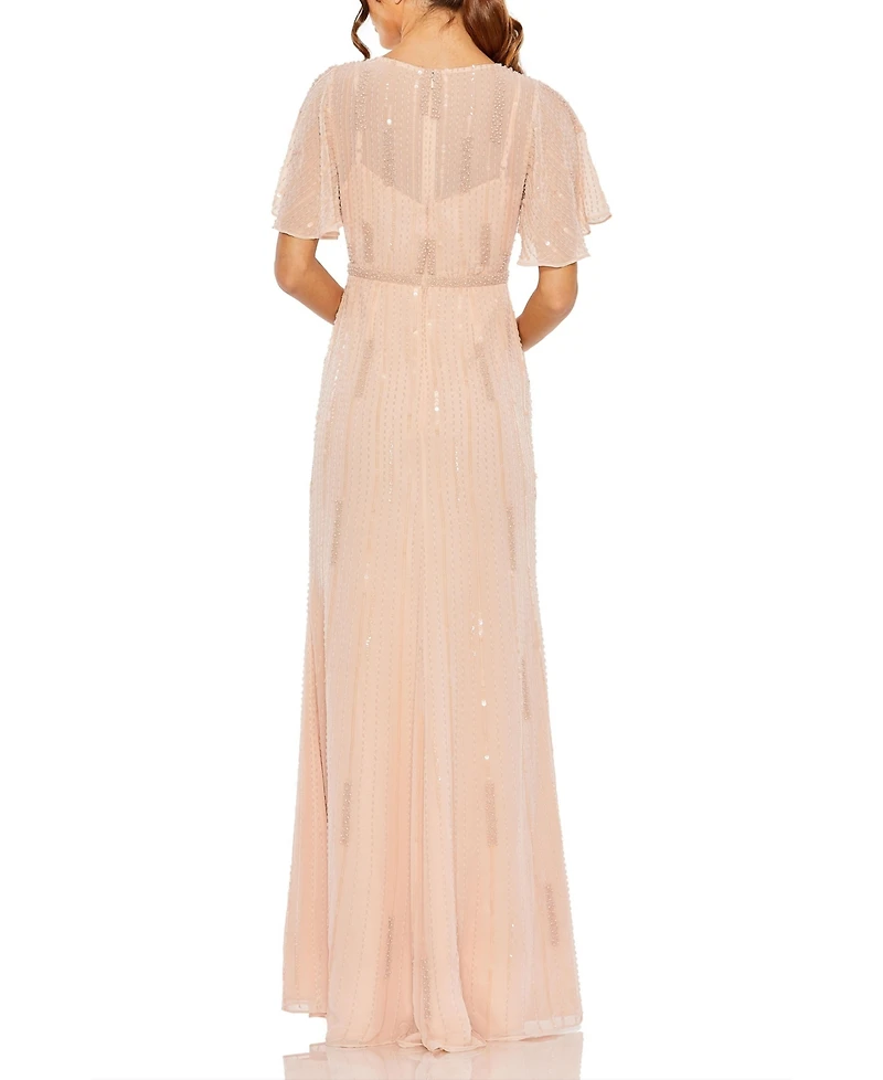 Women's High Neck Flutter Sleeve Embellished Gown