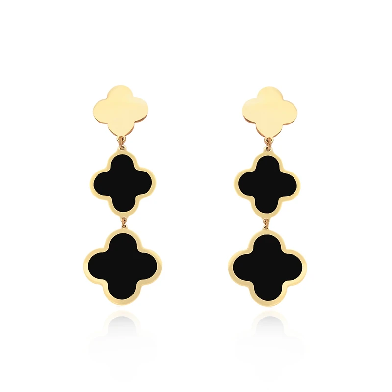 The Lovery Onyx Graduating Clover Dangle Earrings 14K Gold