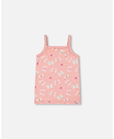 Girl Printed Cotton Tank Top Pink And Blue Butterflies On Old Pink - Toddler|Child