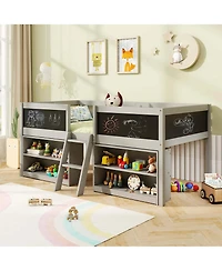 Twin Low Loft Bed with Ramp Ladder & Bookcases Full-length Safety Guardrail