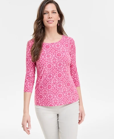 Jm Collection Women's Printed 3/4 Sleeve Scoop-Neck Jacquard Top