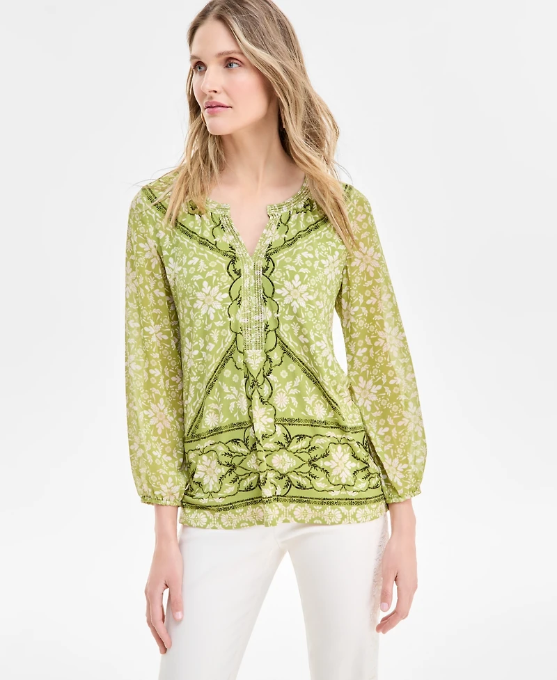 Jm Collection Women's Printed Chiffon Sleeve Rhinestone Split-Neck Top, Exclusively at Macy's