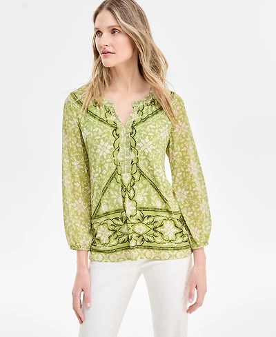 Jm Collection Women's Printed Chiffon Sleeve Rhinestone Split-Neck Top, Exclusively at Macy's