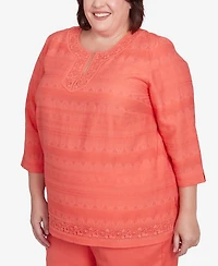 Alfred Dunner Plus Catalina Island Solid Textured Lace Trim Round Neck Top