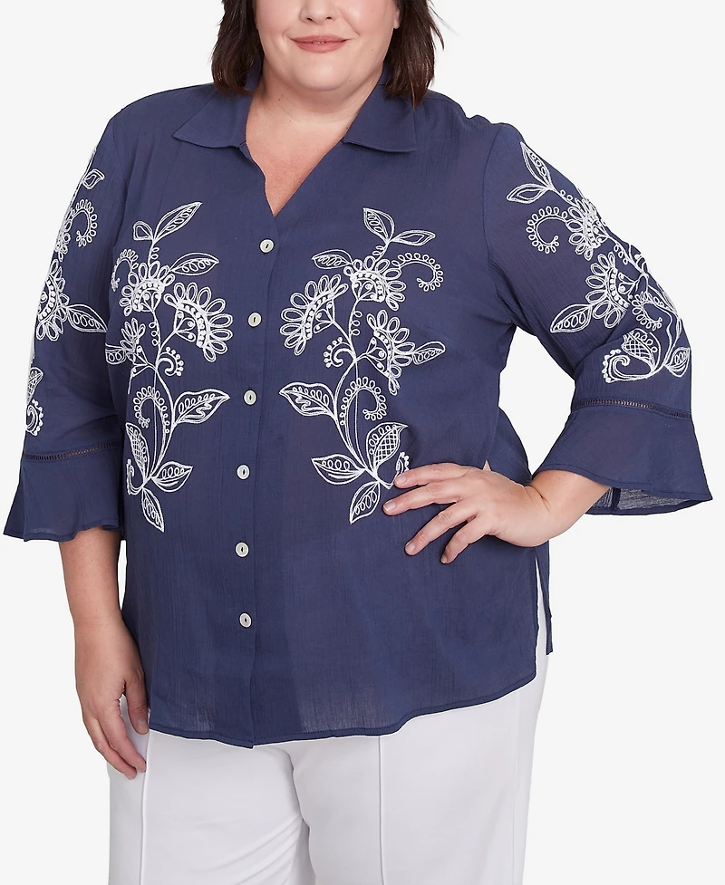 Alfred Dunner Plus Nantucket Embroidered Marine Button Front Top