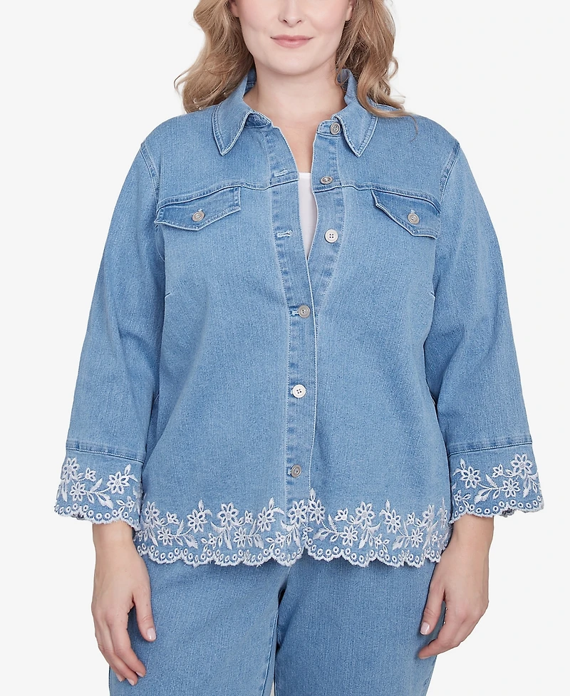 Alfred Dunner Plus Size Flower Power Denim Floral Embroidered Jacket