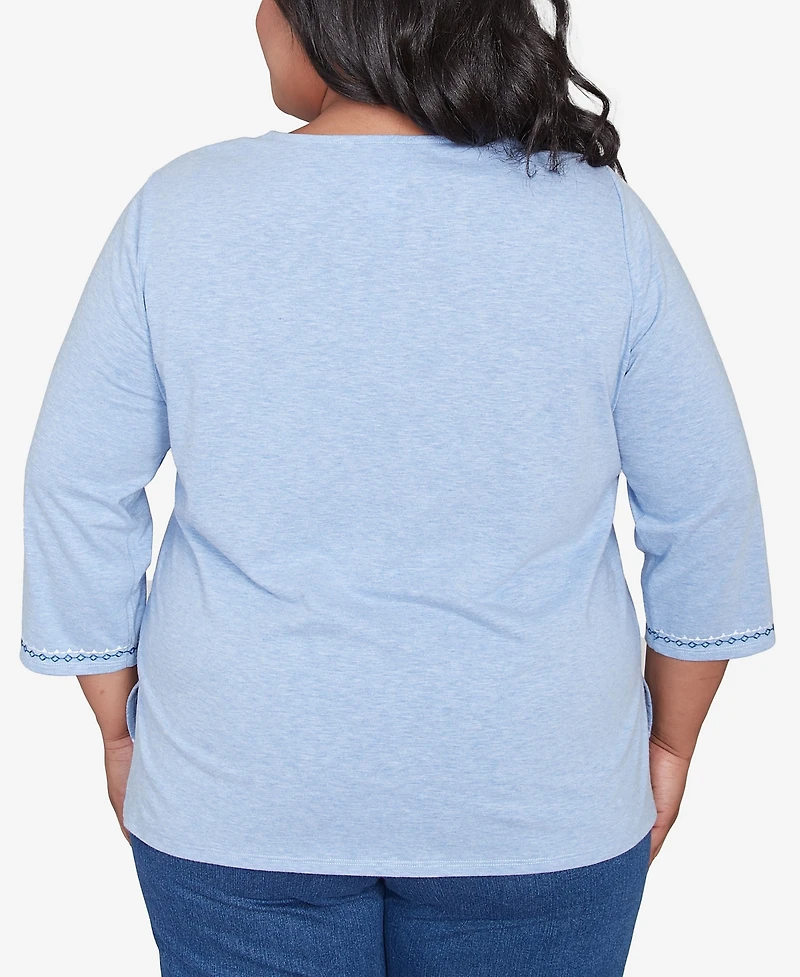 Alfred Dunner Plus Size Flower Power Embroidered Daisy Split Neckline Top
