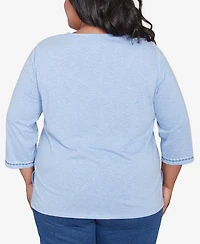 Alfred Dunner Plus Size Flower Power Embroidered Daisy Split Neckline Top