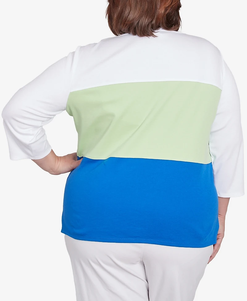 Alfred Dunner Plus Parrot Cay Tropical Colorblock Floral Crew Neck Top
