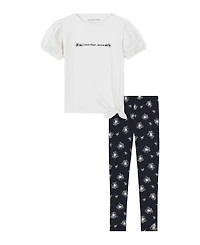 Calvin Klein Toddler and Little Girls 2-Piece Puff Sleeve Tie-Front Top Floral Stretch Leggings Sets