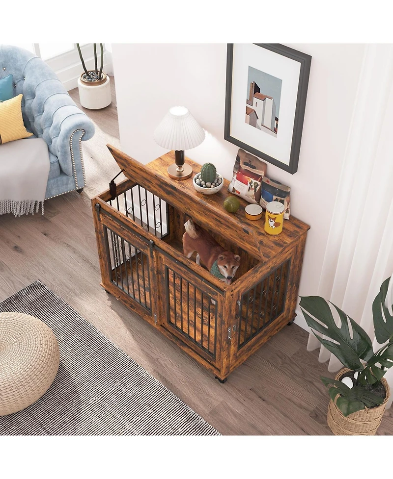 Sliding Door Dog Cage with Partition for Two Puppies Brown