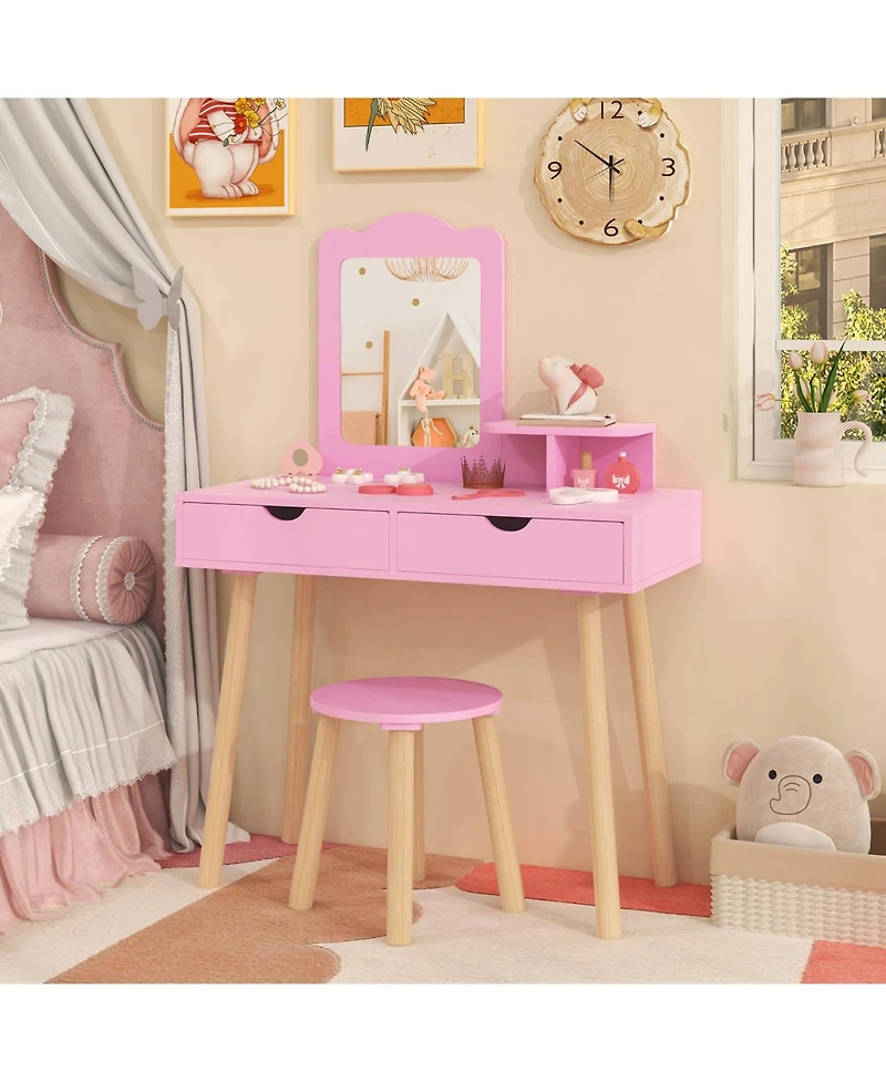 Kid Vanity Table and Chair Set with Mirror and 2 Large Storage Drawers Stylish Dressing Set for Kids
