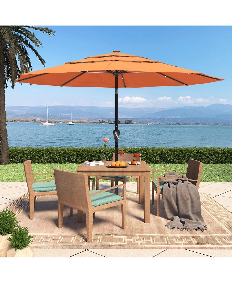 11 Ft Patio Umbrella with Solar Led lights Outdoor Tilt Large Table Market for Poolside Deck Garden Backyard, Orange