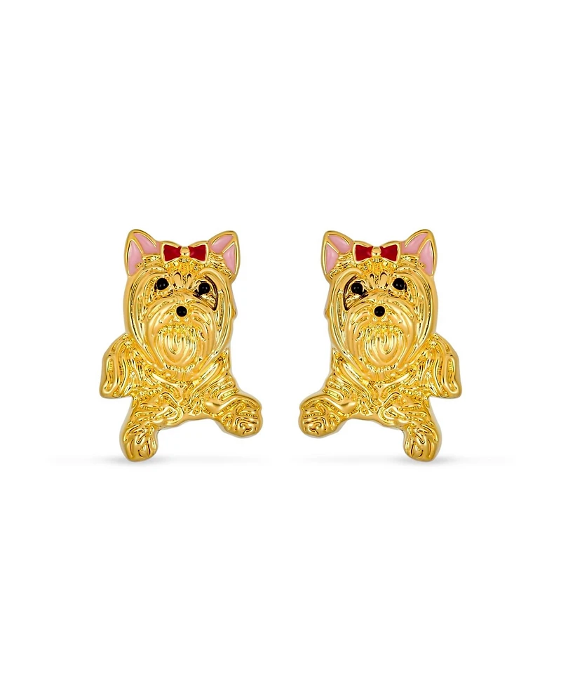 Bling Jewelry Best Friend Animal Pink Bow Yorkshire Terrier Stud Earrings Gold Plated