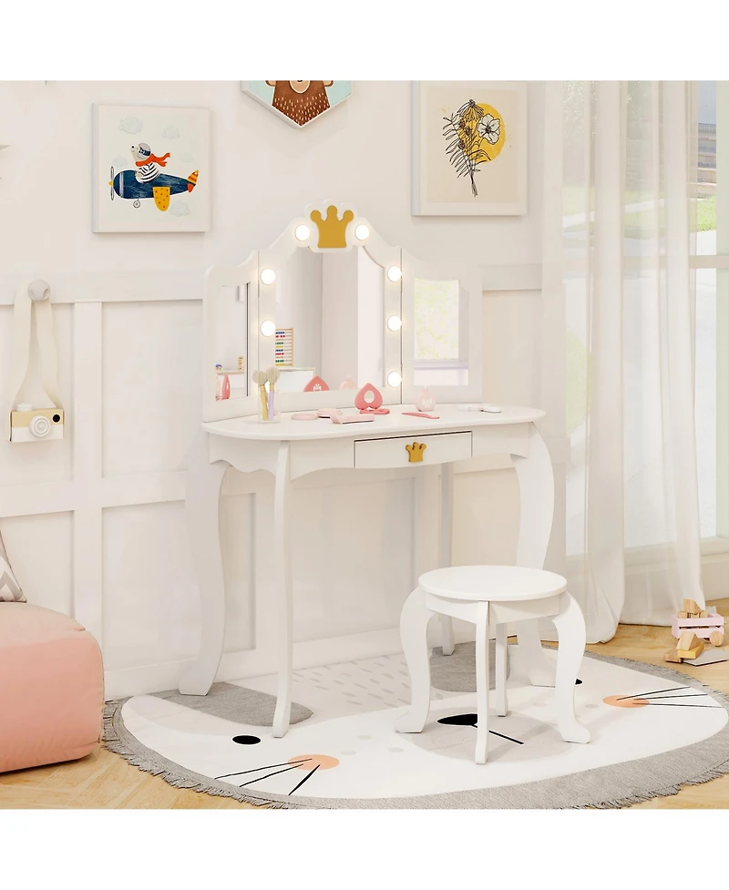 Kids Vanity Set with Tri-Fold Lighted Mirror, Detachable Top, and Stool Fun Dressing Table for
