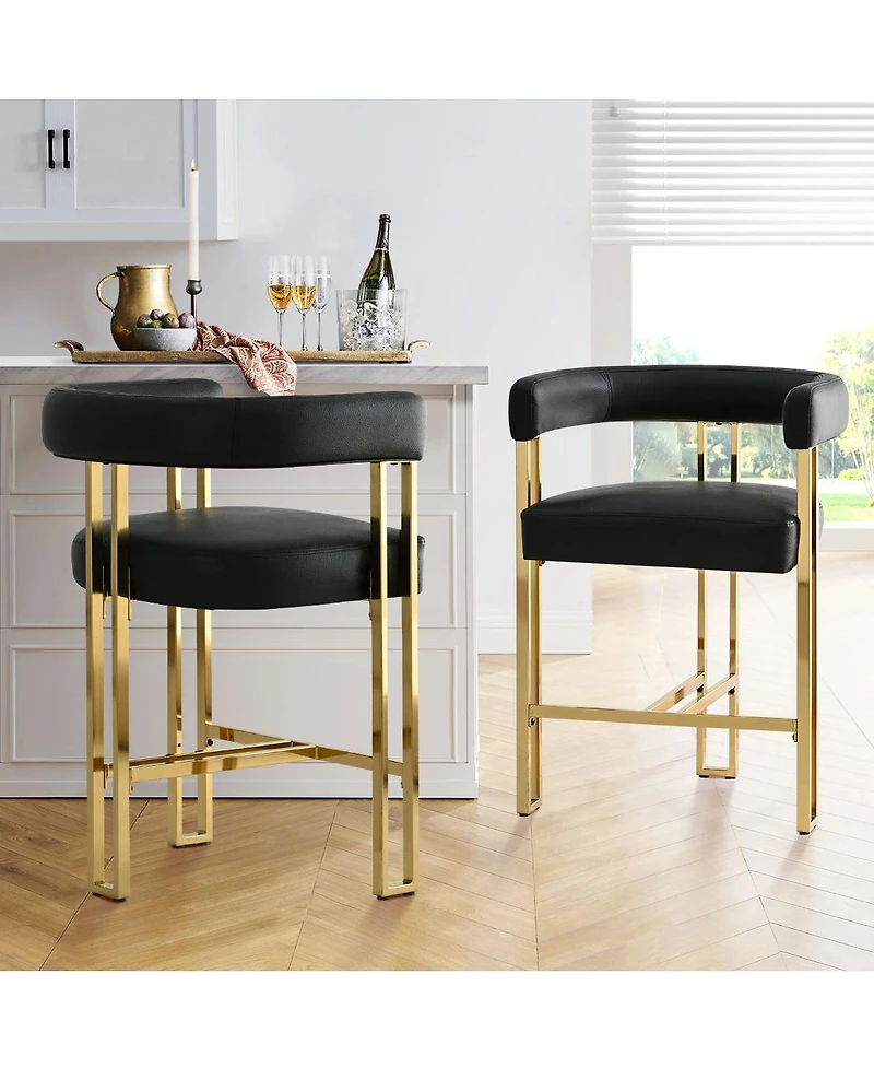 Modern Black Faux Leather Bar Stools Set of 2–Gold Metal Frame, Counter Height Chairs with Backrest-Maison Boucle