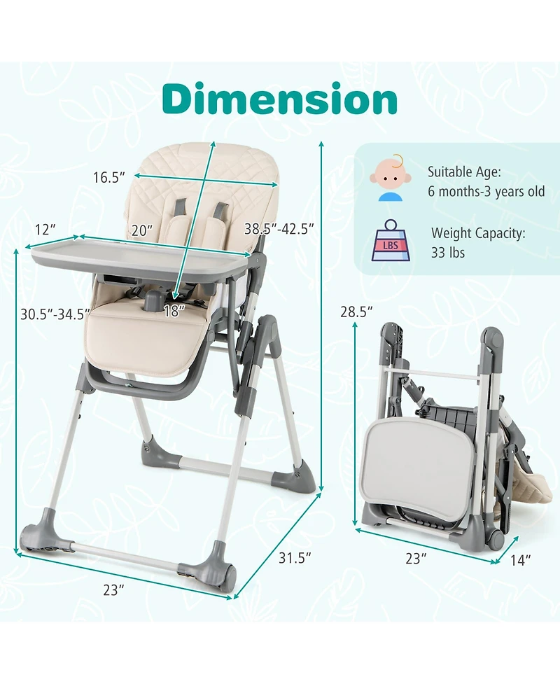 Foldable High Chair with Footrest and Detachable Tray