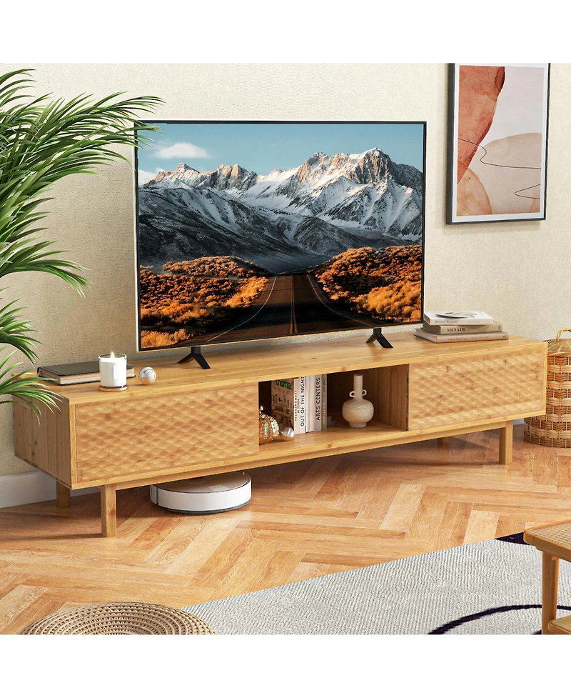Mid-Century Modern Tv Stand with Sliding Doors Stylish Entertainment Console for Living Room