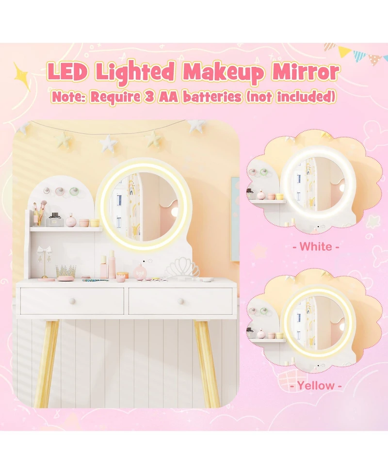 Kids Vanity Set with Light-Up Mirror, Chair, and Princess Makeup Desk