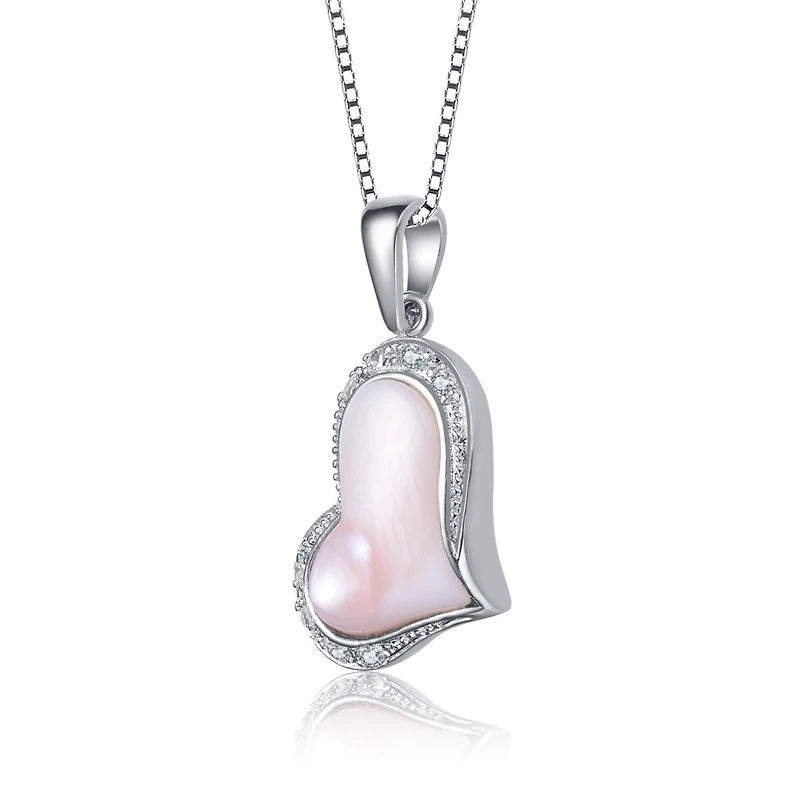 Sterling Silver White Gold Plated with Pink Mother of Pearl Heart Shaped Pendant Necklace