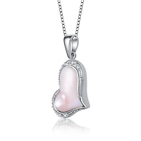 Sterling Silver White Gold Plated with Pink Mother of Pearl Heart Shaped Pendant Necklace