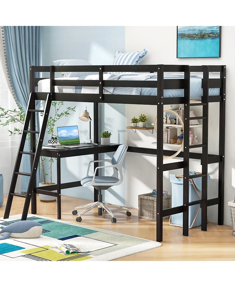 Loft Bed Frame with Angled Desk and Built-in Ladder Space-Saving Design for Bedroom or Dorm