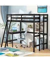 Loft Bed Frame with Angled Desk and Built-in Ladder Space-Saving Design for Bedroom or Dorm