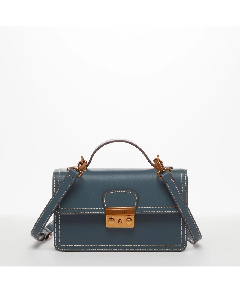 Susu Blue Leather Crossbody Bag Small Cute Purse for Women with Top Handle and Adjustable Strap